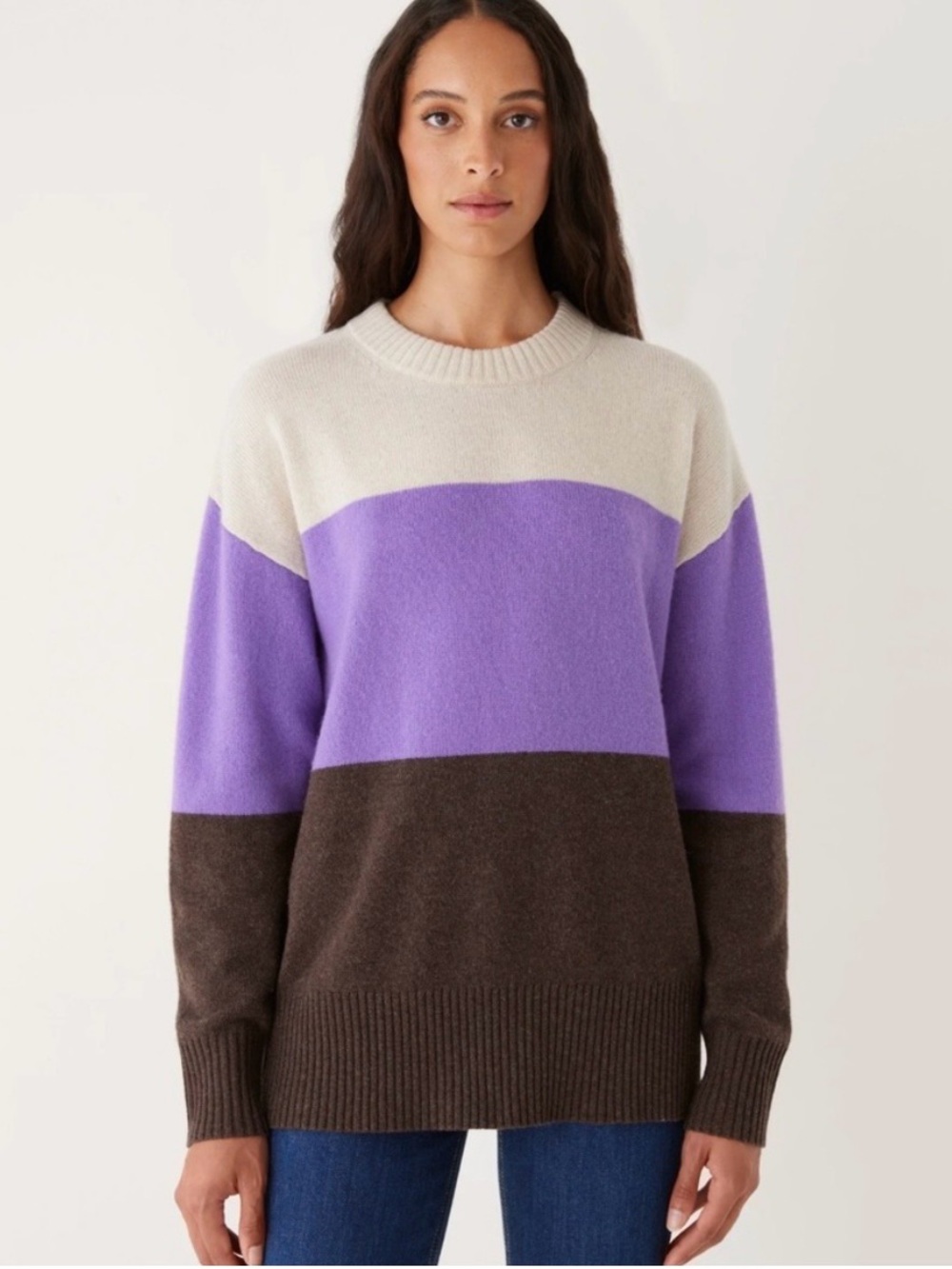 Frank & Oak Colorblock Crewneck Sweater in Cream, Lavender & Brown